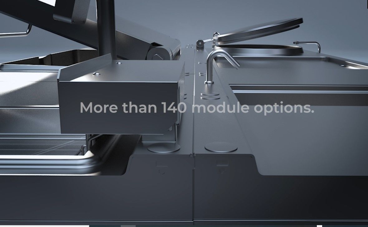 Nueva maquinaria de cocina modular MaestroFlex de Bonnet instalada para máxima eficiencia y ergonomía. Más de 140 opciones de módulos