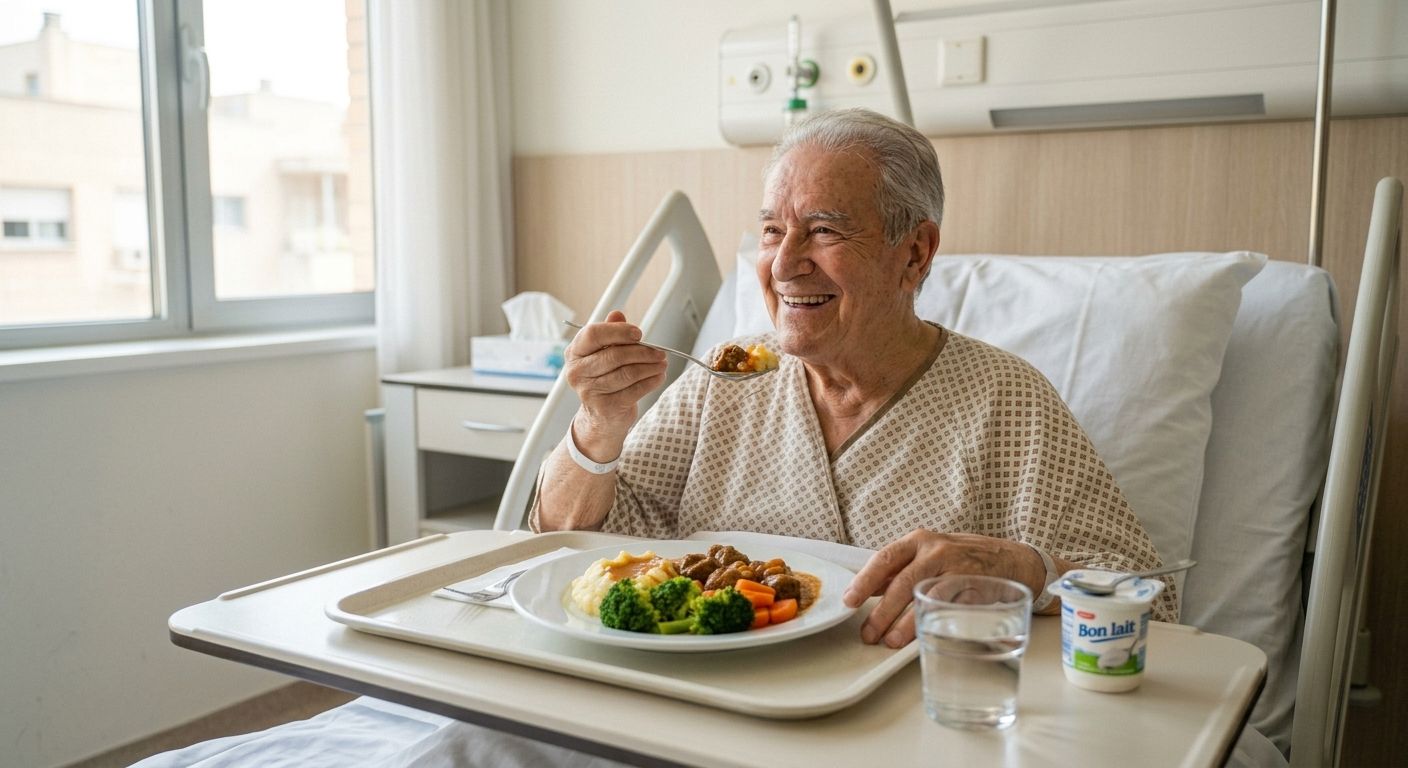 Paciente de hospital sonriendo al comer un menú de dietas adaptadas en colectividades