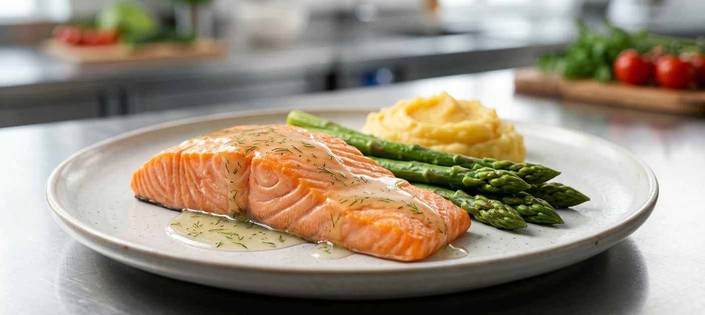 Plato de salmón y espárragos texturizados con presentación gastronómica para dietas adaptadas en colectividades.