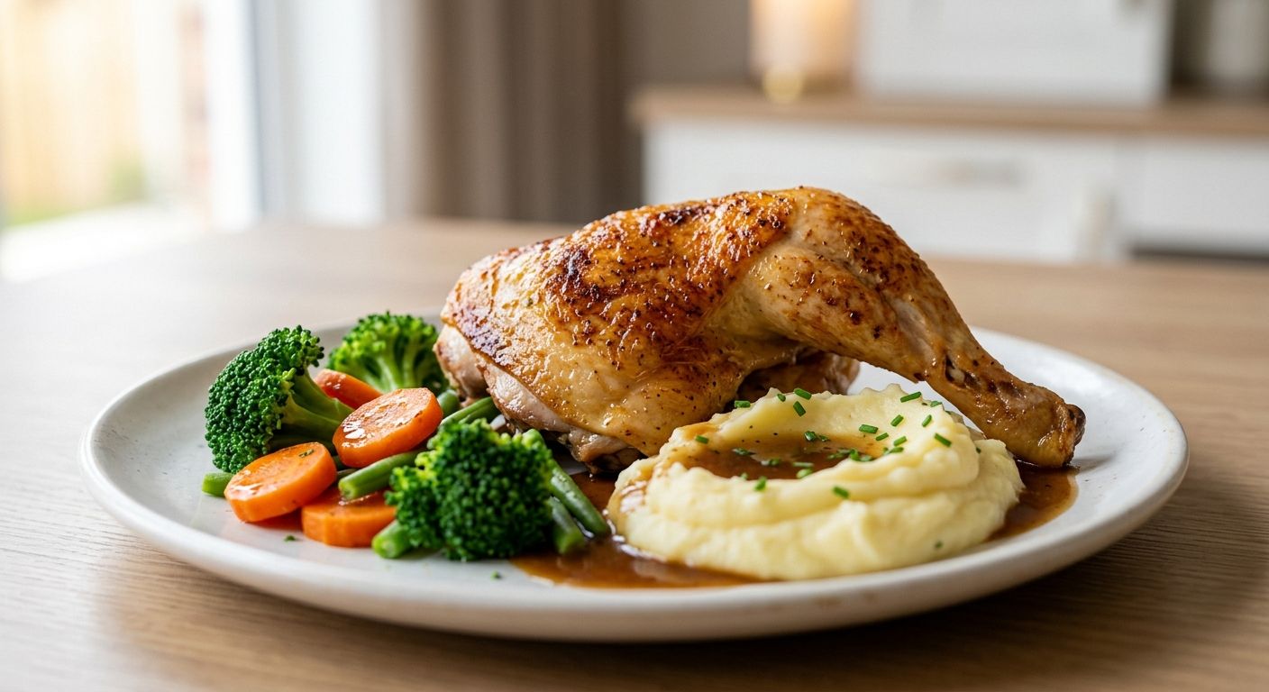 Plato de pollo asado texturizado con apariencia de piel tostada y jugosa, acompañado de puré de patatas y verduras moldeadas. Ejemplo de texturización de alimentos para dietas adaptadas en colectividades