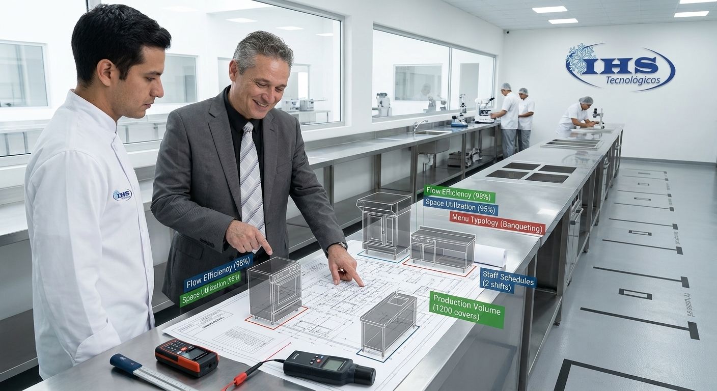 Un experto de IHS Tecnológicos en España asesorando a un chef nacional con un plano técnico y datos de eficiencia para una cocina profesional. En IHS Tecnológicos asesoramos al chef con un plano técnico y datos de eficiencia para una cocina profesional